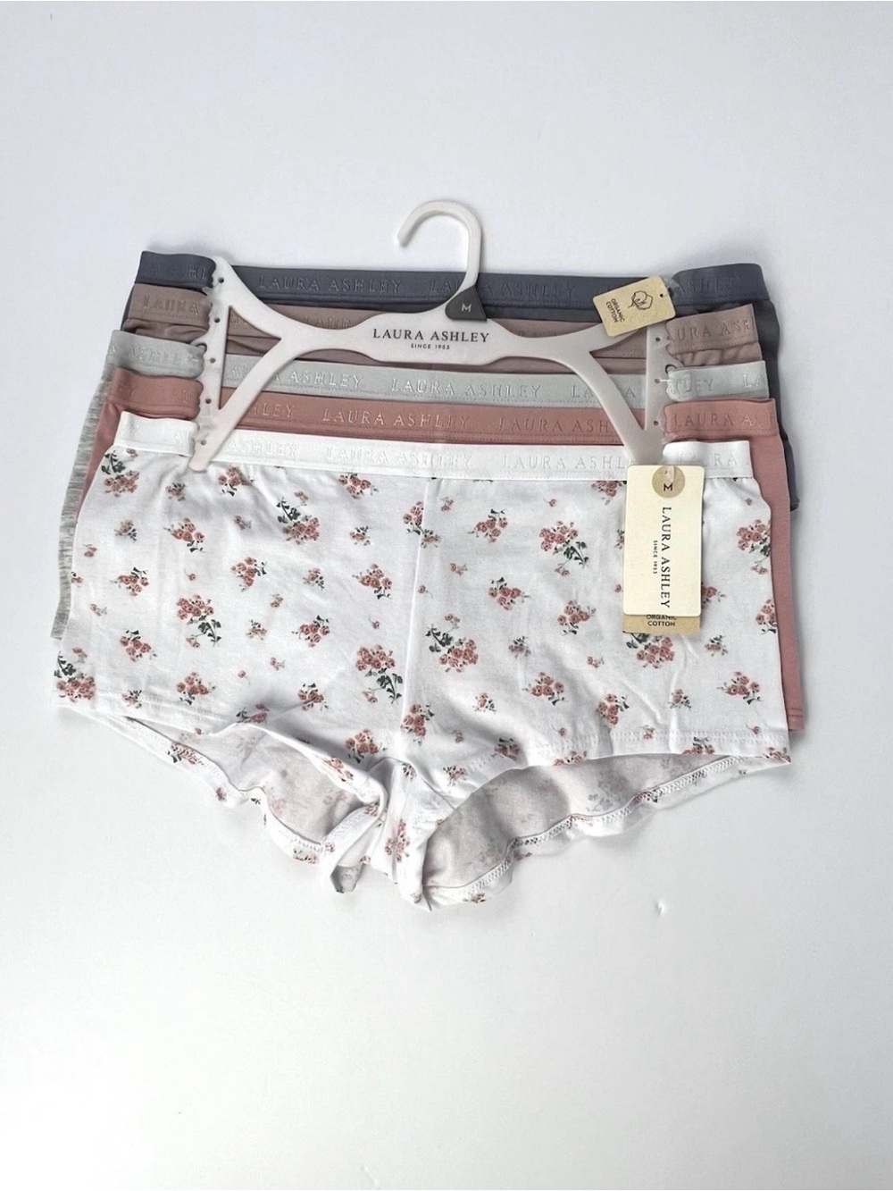 SIZE M LAURA ASHLEY 5 PACK LOGO WAISTBAND ORGANIC COTTON BOYSHORT PANTIES LS6571